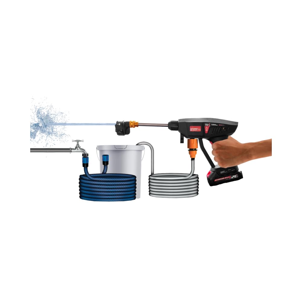HYDROBLAST Le Pistolet Nettoyeur à Pression - MYBO TV - sans Fil, Rechargeable, portatif. Fonctionne sur Batterie. Peut s'utiliser avec Un Seau d'eau/raccordé au Robinet ou avec Une Bouteille d'eau