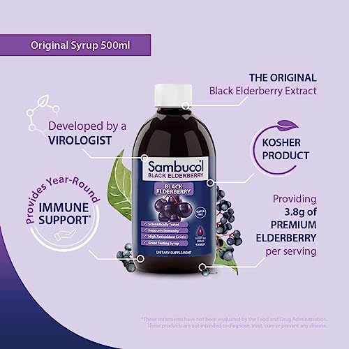 Sambucol Black Elderberry Syrup Original Formula For Immune Support, High Antioxidant Sambucus Elderberry Supplement For Adults And Kids Ages 4+, Gluten Free, Vegan, Family Size 500 Ml, 16.9 Fl Oz #TOP2