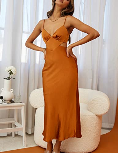 Image of Satin Slip Backless Midi Dress for Wedding Guest Silk V Neck Cut Out Tie Back Long Dresses for Women 2023 Bronze