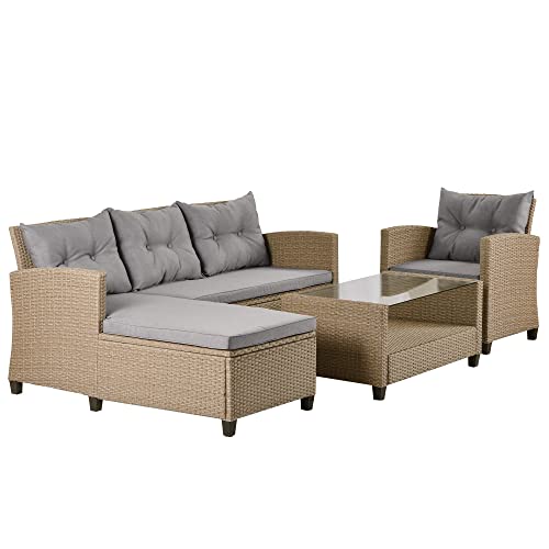 Godafa 3-Piece Patio Sectional Sofa Set Acacia Wood Furniture With Grey Cushions For Outdoors And Indoors, Gray #TOP2