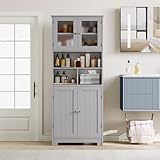 HOCSOK Tall Storage Cabinet, Bathroom Storage Cabinet with Frosted Glass Doors, Kitchen Pantry with Adjustable Shelf, Freestanding Cupboard for Bathroom, Kitchen, Living Room, Grey - Image 2