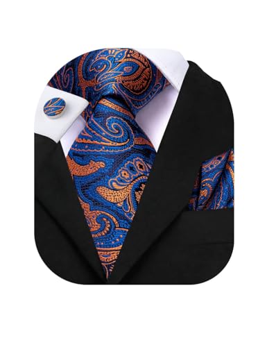 Image of Dubulle Mens Paisley Striped Tie Woven Necktie for Men and Handkerchief Cufflinks Set Wedding Formal Business