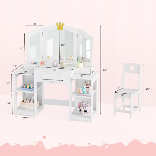 Bonnlo Coiffeuse pour Enfants 2 en 1, Meuble de Maquillage en Bois avec Mirror Amovible et Tabouret à Trois Volets, avec 4pcs Compartiments de Stockage, Coiffeuse Princesse, 104 * 38 * 55cm, Blanc