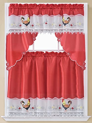 Premius Rooster 3-Piece Embroidered Kitchen Curtain Set, Vibrant Farmhouse Design, Airy Faux Silk & Traditional Backdrop, Tier 30X36, Valance 60X36 Inches #TOP5