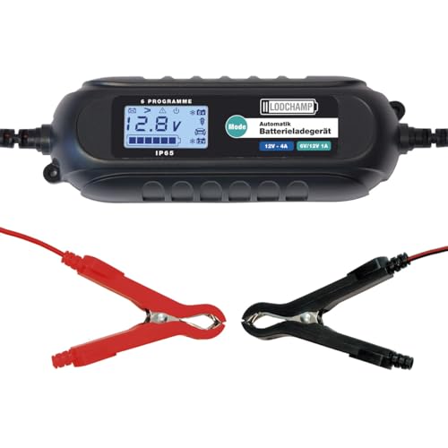 LODCHAMP Cargador de batería 6 V/12 V-4 A con comprobador de batería, Dispositivo de Mantenimiento para Coche, Moto
