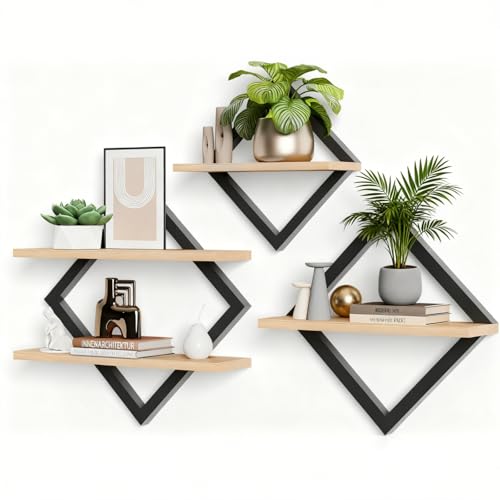 WPKLTMZ 3Pcs Floating Shelves, Wall Shelves, Diamond 2-Tier Hanging Shelves