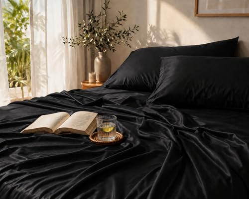 Image of Noare Luxury Bamboo Bedsheet Set - King Size, Mattress Fit, Ultra Soft Cooling Fabric, Oeko-TEX Certified, Skin-Friendly, Breathable & Durable | 1 Bedsheet + 2 Pillow Covers in Noir Black.