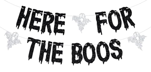 Here for the Boos Banner, Happy Boo Day Sign, Ghoul Ghost Haunted Horrors October Halloween Party Decorations Supplies
