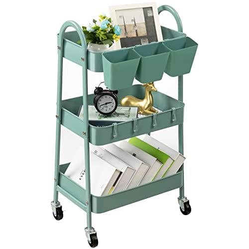 Image of danpinera 3-Tier Rolling Cart, Metal Rolling Storage Cart with Lockable Wheels & Hanging Cups & Hooks, Mobile Trolley Cart for Kitchen, Bathroom, Office, Workshop, Green