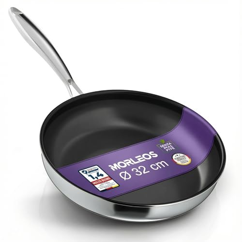 Morleos Padella in ceramica, Ø 32 cm, completamente rivestita, 5 strati, 3 mm, 1,67 kg, per induzione, antiaderente e omelette, senza PFAS e PTFE