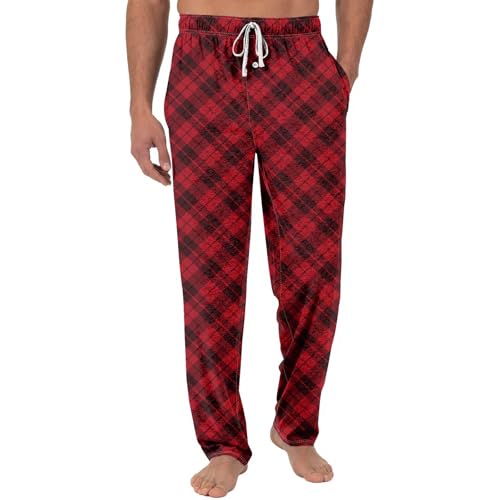 Mens Pj Pants Lightweight Straight Leg Plaid Pajama Pants Comfy Drawstring Waist Cotton Lounge Pants with Pockets