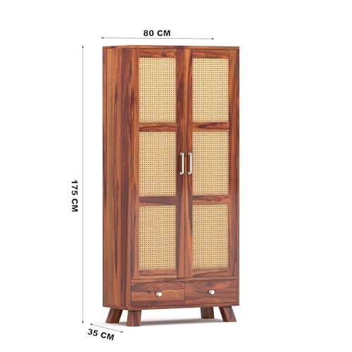 Image of Solid Wood 2 Door Wardrobe with Cane Design | Wooden Almirah with Storage Drawer | Modern Vintage Cupboard for Bedroom & Living Room (Honey Finish)