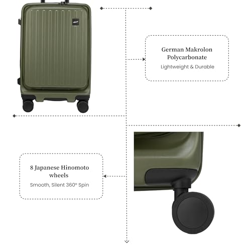 Image of F Gear Montreal Small Cabin Pro 54cm German Polycarbonate Hard Luggage |8 Japanese Hinomoto Silent Wheels|USB & Type-C Charging | Front Opening Suitcase for Travel (Army Green)