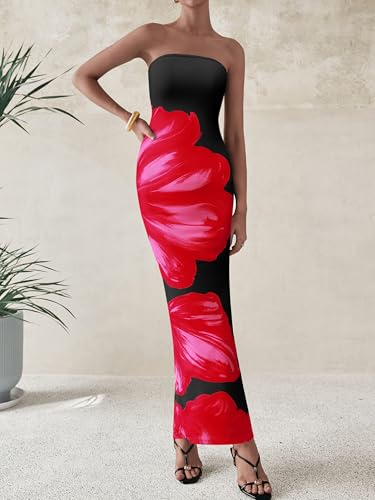Image of PRETTYGARDEN Women Summer Strapless Maxi Dress Bodycon Floral Sexy Long Wedding Guest Dress Formal Tube Mesh Cocktail Dresses