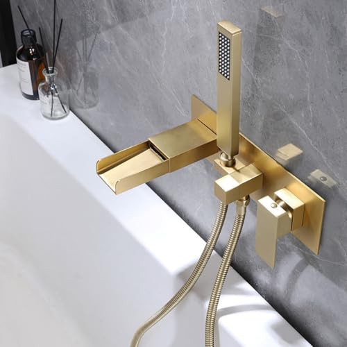 Robinetterie de bain mitigeur cascade or brossé douche murale et flexible