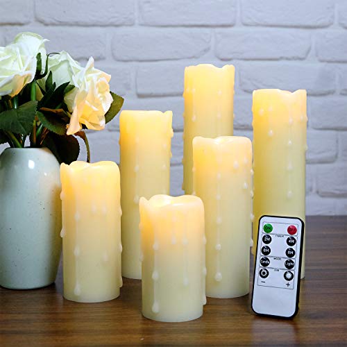 Dromance Flameless Flickering Candles Battery Operated With Remote And Timer, Set Of 6 Dripping Wax Led Pillar Candles Halloween Christmas Holiday Indoor Decor(Ivory, 2.2 X 4-9 Inches) #TOP3