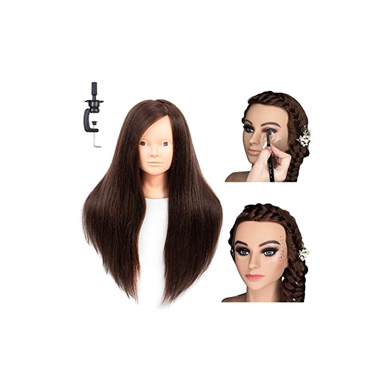 NAYOO Long Hair Mannequin Head With Real Hair 60% Training Head Hairdresser Practice Styling Manikin Head Cosmetology Doll Head Straight Hair with 7 Tools and Stable Clamp Stand (26inch No makeup, 4#)