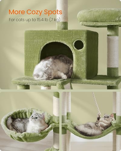 Image of Feandrea Cat Tree, 81.1-Inch Large Cat Tower, Multi-Level Condo, Green | with 13 Sisal Scratching Posts, 2 Perches, 2 Cave, Hammock, Basket, Pompoms for Indoor Cats, Easy to Assemble, UPCT190C01