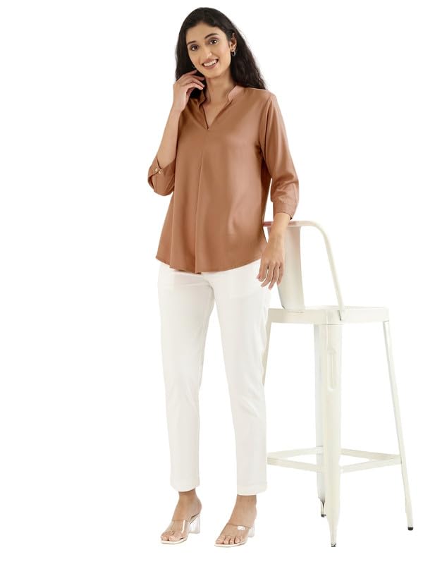 Image of SAADAA Top for Women, Viscose Pleated Tops, V-Neck with a Collar, 3 /4 Sleeve Length, Office & Casual Wear
