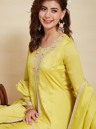 Image of MOKOSH Women's Silk Embroidery Anarkali Kurta Pant with Dupatta | Anarkali Kurta Set | Round Neck Full Sleeve Ethnic Suit | Indian Kurta Outfit with Pant | 3 Piece Outfit