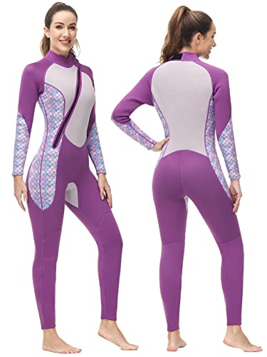 Boglia Damen Neoprenanzug Tauchanzug 3 mm Ganzkörper Bademode UV-Schutz Langarm Frontreißverschluss Warmer Neoprenanzug für Schnorcheln Schwimmen Surfen-Purple XXXL Cover