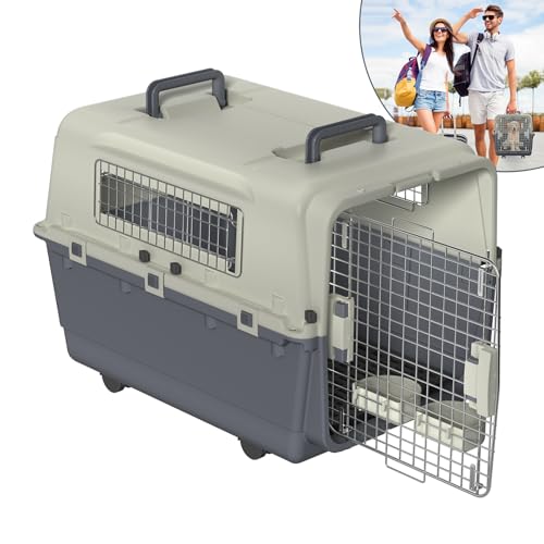 Eldzenith Katzentransportbox, Transportbox Hund mit Sicherheitsverriegelung und LüFtungsgitter, katzenbox für Flugreisen mit Urinbarriere Schalen FressnäPfe und Tragegriff(XL, 80.5×56.5×64.8cm)