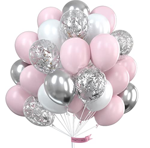 PartyWoo Pink Balloons, Pink Silver and White Balloons Pack of Pale Pink Latex Balloons, White Balloons, Metallic Balloons, Confetti Balloons for Pink Silver Birthday, Pink and Silver Wedding Party