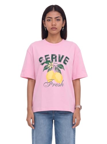 Image of Amazon Brand - Serve Women's Oversized Graphic T-Shirt | Cotton Printed Crew Neck Tee | Half Sleeve Loose Fit