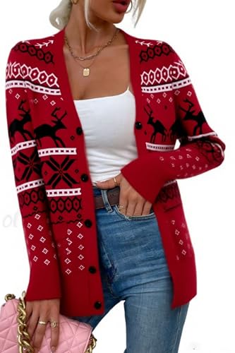 Ugly Christmas Sweater for Women Christmas Cardigans Funny Xmas Open Front Button Down Knit Coat Outwear Red