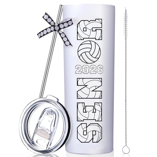 SiliFine Volleyball 2026 Senior Night Gift Tumbler Cup 20 oz Sports Water Bottles Stainless Steel Insulated Travel Mug and Lid with Ribbon for 2026 Senior Night Women Men Team Coach Player