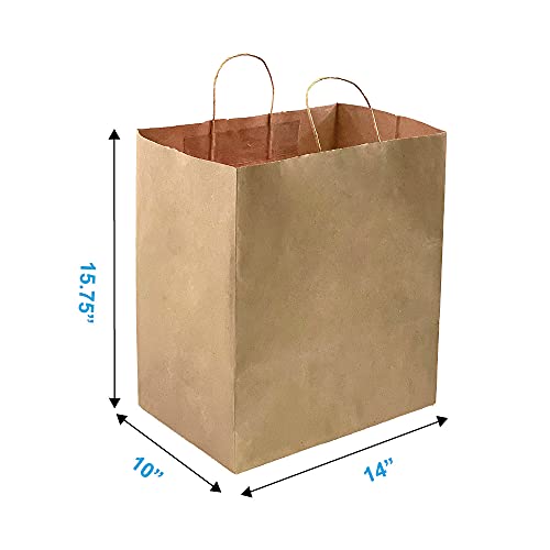 50 Count 14"L x 10"W(Gusset) x 15.75"H Large Ultra Wide Brown Kraft Paper Bags with Twisted Handle, Perfect Solution for Restaurant Takeouts, Parties, Baby Shower, Shopping