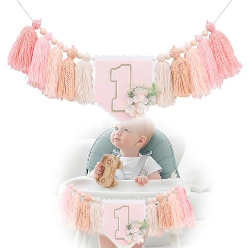 XPEX 1 Pieza Pancarta de trona hecha a mano, pancarta cumpleaños, diseño bohemio, color rosa