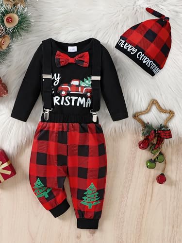 AMAWMW Newborn Baby Boy First Christmas Outfit My 1st Christmas Romper Red Plaid Pants Hat 3Pcs Clothes, Beige, 0-3Months - image 3