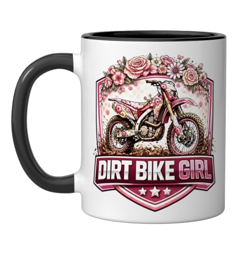 Floral Diret Bike Girl Womens Dirtbike Rider Motocross Cute Ceramic Mug, Black/White