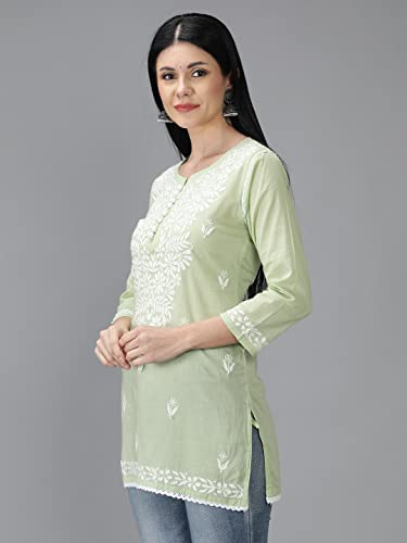 Image of Seva Chikan Hand Embroidered Lucknowi Chikankari Cotton Short Top Tunic for Women SCL9017