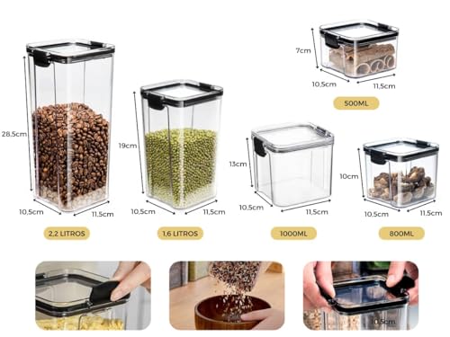 Kit 10 Potes Herméticos C/Trava de Segurança Porta Mantimentos Empilháveis Super Resistente Prova de