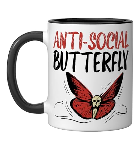 Antisocial Butterfly Gothic Girl Gothic Solitude Introvert Ceramic Mug, Black/White