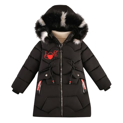 Girls Long Puffer Coat Cute Love Heart Winter Jacket Kids Padded Down Coats with Faux Fur Hood Waterproof Warm Thick Parka Lightweight Windproof Thermal Jacket with Pockets (Black, 7-8 Years)