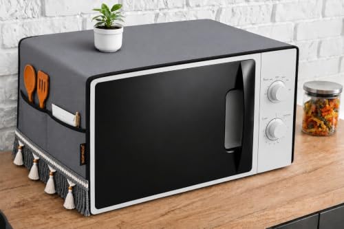 Image of Microwave Oven Cover for Durable, Waterproof and Dustproof Kitchen Protector with 4 Side Storage Pockets for Kitchen Accessories (100 x 35 cm) (Grey Lace)