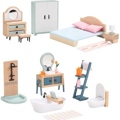 Giant bean 24 PCS Wooden Plastic Dollhouse Furniture Set, Bathroom and Bedroom Set, Wood Dollhouse Accessories Pretend Play Furniture Toys for Boys Girls & Toddlers Cover