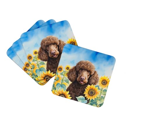 Caroline's Treasures Chocolate Poodle in Sunflowers Foam Coasters Set of 4 Cup Coasters for Indoor Outdoor, Tabletop Protection, Anti Slip, Mouse pad Material