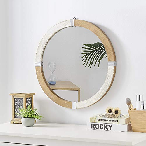 Rustic Solid Wooden Framed 24 inch Round Wall Mirror, Farmhouse Decor Mirror, Large Wooden Circle Frame Mirror for Wall Decor, Living Room Bedroom Bathroom Entryway, Rustic Brown White - Image 2