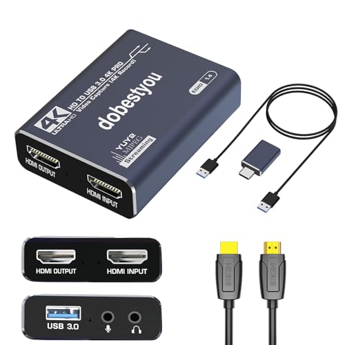 dobestyou Tarjeta de captura de audio y video 4K con cable HDMI, USB 3.0, Full HD 1080P para grabación de juegos, transmisión en vivo