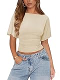 MIYIEONZ Womens Boat Neck Batwing Tops Cinched Waist Top Tie Back Short Sleeve Shirts Business Clothing Medium Apricot