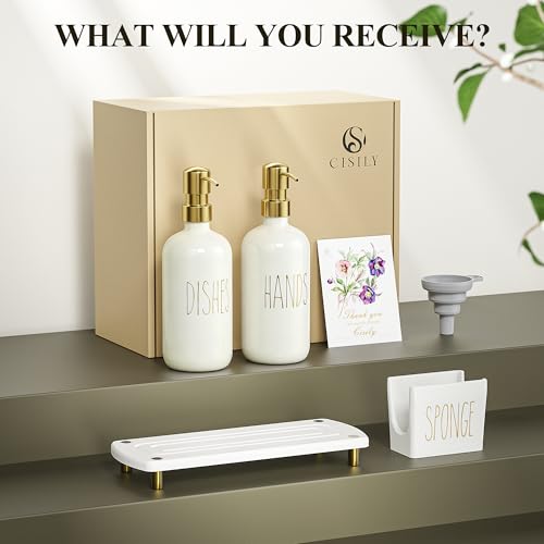 Image of Cisily Kitchen Soap Dispenser Set Comes with Ceramics Sponge Holder, Gold Pumps, and Instant Dry Tray, Hand and Dish Soap Dispenser Set (4, Gold + Off White + Sponge Holder)
