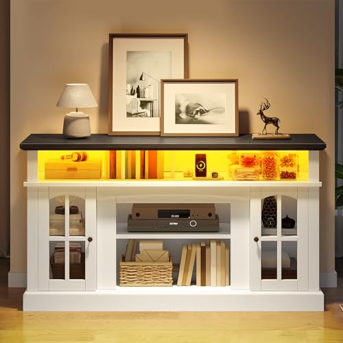 DWVO Farmhouse TV Stand for 65 Inch Television w/Outlets, LED Modern Entertainment Center with Glass Doors and Adjustable Storage Shelves, Media Console TV Cabinet for Living Room, White/Black
