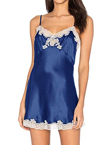 UONBOX Women Lingerie Lace Trim Babydoll Chemise Satin Nightgown Sexy Full Slip Sleepwear Navy Blue M