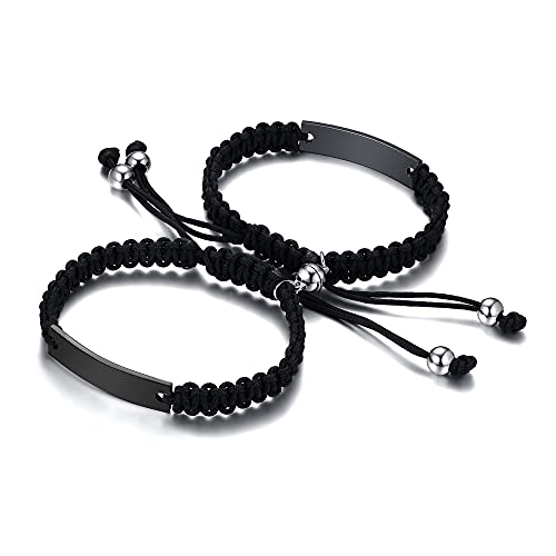 MEALGUET His and Hers 2 Pcs Attraction Personalized Stainless Steel ID Plate Couple Bracelets Custom Engraving Handmade Braided Rope Wrist Bangle for Men Women