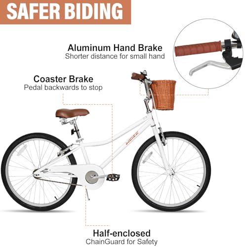 Image of WEIZE Beach Cruiser Bike, 24 Inch Kids Bike with Basket and Kickstand, Retro Style Childrens Bicycle for Teen Girls, Lightweight Steel Frame, White