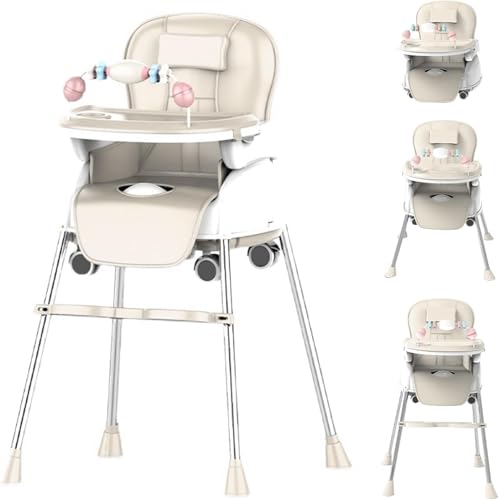5-in-1 Baby High Chair Portable Foldable High Chairs Multifunctional Baby Chair With Removable Tray Adjustable Height & Footrest Baby Dining Chair With Wheels Kids High Chair For 6 Months to 7 Years